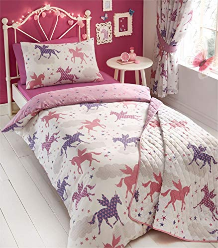 Kids Club - Divine Einhörner Bettbezug Sets oder Vorhänge oder Tagesdecke, Single Duvet Cover Set
