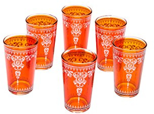 Orientalische verzierte Teegläser Set 6 Gläser Andalous Orange Silber | Marokkanische Tee Gläser Set 6 teilig Deko orientalisch | 6 x Orientalisches Marokkanisches Teeglas verziert | Farben Auswahl