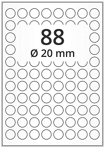 Wetterfeste Folienetiketten auf A4 Bogen, weiß - Ø 20 mm - 8.800 Polyester Etiketten auf 100 Blatt, selbstklebende PET Aufkleber, matt