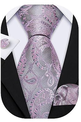 Barry.Wang Silver Grey Pink Tie Set Paisley Wedding Business Handerchief Cufflink