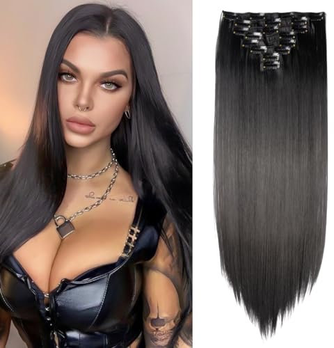 TESS Haarteile Clip in Extensions wie Echthaar Kunsthaar günstig 8 Tressen 18 Clips Haarverlängerung Glatt 26(66cm)-140g Schwarz