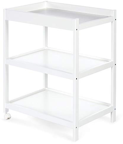 MamaLoes Wickelregal aus Holz mit Rollen und praktischen Regalfächern, weiß