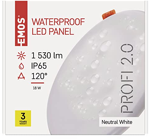 EMOS LED Panel Einbauleuchte 18Watt, extra-flacher 1530 lm runder Einbaustrahler, Neutralweiß 4000K, IP65 wasserdicht für Feuchträume oder Außen, weiß, Durchmesser 18,5 cm, rahmenlos