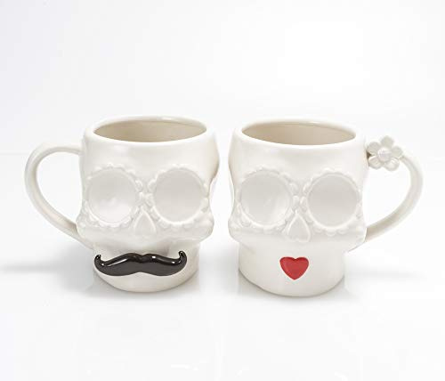 Skull Shaped Mug Male/Female with Mustache or Red Lips Señor Señorita Mexican Style Gift for A Couple Tea Coffee (Male Moustache)