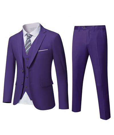 YND Set da uomo slim fit, 2 bottoni, 3 pezzi, giacca blazer, gilet, pantaloni e cravatta, Viola scuro, M