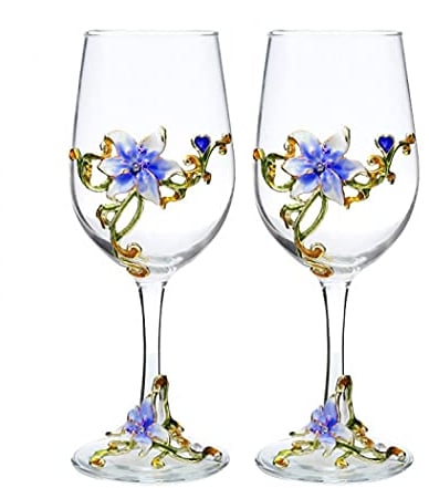 XUDREZ Juego de 2 copas de vino esmaltadas pintadas a mano con diseño de flor esmaltada, juego de 2 copas de vino tinto, regalos de cumpleaños para mujeres, madres, amigas, día de la madre, sin plomo