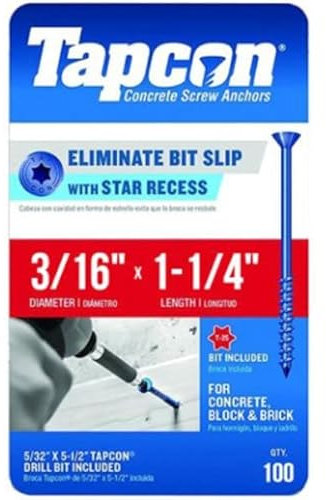 Tapcon 3/16 x 1-1/4 Star Torx Head Concrete Anchor Screws 3169407V2 | 100 Pack | Drill Bit Included