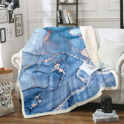 Girly Fluid Fleece Throw Blanket Blue Golden Marble For Kids Women Adults Luxury Glitter Wave Quicksand Modern Fashion For Sofa Bed,Single 50x60 Inch