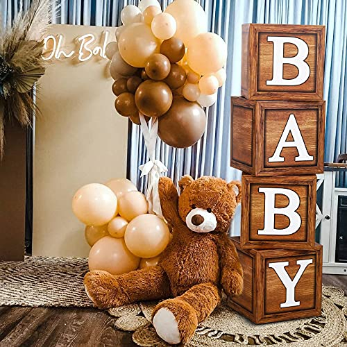 Baby Shower Box Decorations für Jungen oder Mädchen, 4 Stück Holzmaserung Ballon Box mit Buchstaben BABY für Babyshower, Babyparty Geburtstag, Gender Reveal, Teddy Bear Themen Baby Boxes Deko