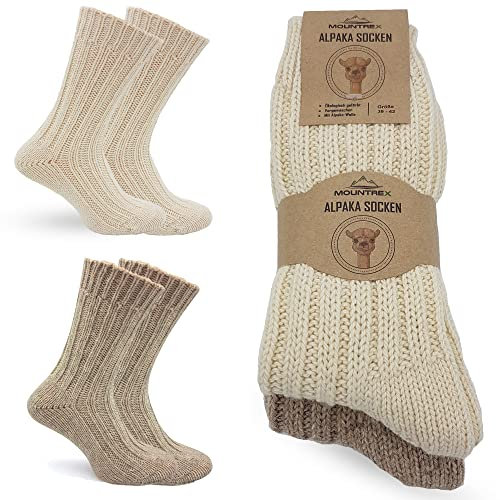 MOUNTREX Alpaka Socken, Wollsocken für Damen, Herren - Stricksocken - 2 Paar, Ecru/Beige (Dick - wie gestrickt), 39-42