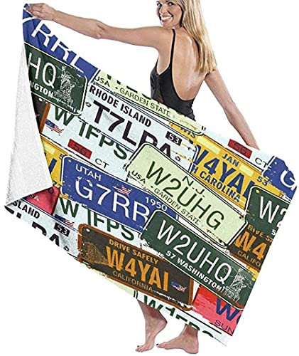 NYIXIA Beach Towels for Adults,Retro Auto License Plates,Bath Towels Extra Large for Men and Women,52x32 Inches,Microfiber Bath Towel,Outdoor Camping, Gym,Yoga,Travel