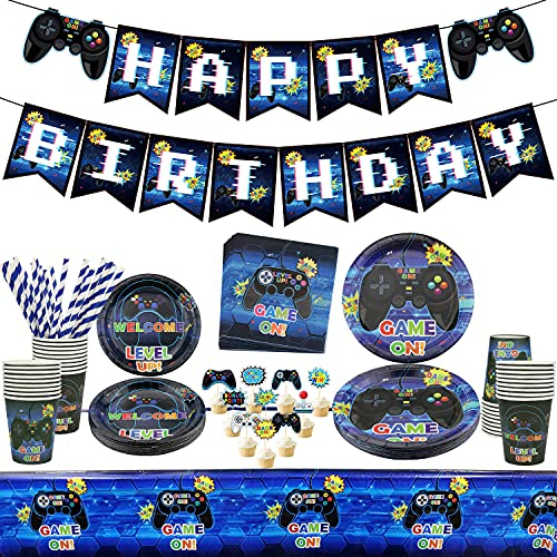 Videospiel Party Zubehör-Einschließlich HAPPY BIRTHDAY-Banner, Teller, Tassen, Servietten, Geschirr, Tischdecken, für Gaming-Themen-Geburtstagsfeier-Dekor für Jungen und Spieler (für 20 Gäste)