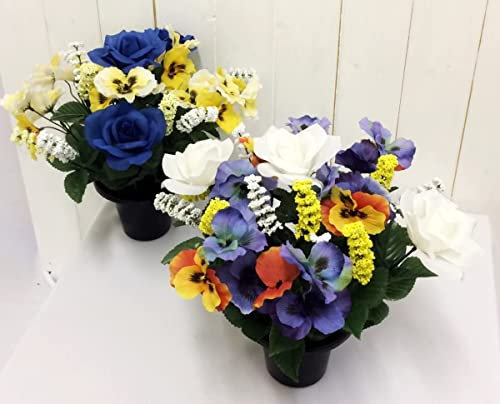 Pansy/Rose Artificial Grave Flower Arrangement in Pot Blue/Yellow (Pair)