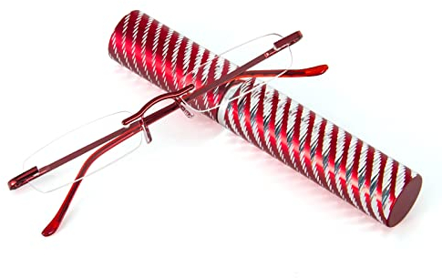 KoKoBin Schlanke Rahmenlose Lesebrille Mini-Taschenleser Sehehilfe mit Stiftetui für Damen und Herren (Rot, +2.0 Dioptrien (1er Pack))