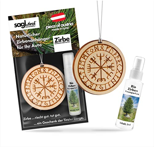 sagl.tirol Auto Duft aus Zirben Holz [100% Bio] inkl. Zirben Raum Parfüm 5ml I verschiedene Motive I natürlicher Auto Duftbaum I Auto Duft Innenraum I Auto Lufterfrischer I Autoduft I Schutzrune