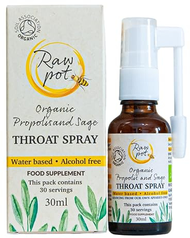 RAW POT - Organic Propolis and SAGE Throat Spray - Alcohol-Free Pure Natural Raw Bee Propolis Liquid Extract for Sore Throat Pain Relief, Immunity Support, Skin, Dental Care | Kids & Adults (30ml)