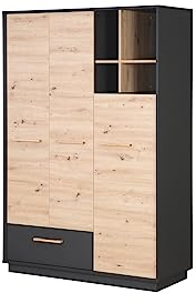 roba Kleiderschrank 'Lenn' 3-türig - in Anthrazit/Holzdekor 'Artisan Eiche' - Inkl. Schublade, offenem Fach & Griffen aus massiver Eiche - HxBxT:195 x 132 x 54 cm