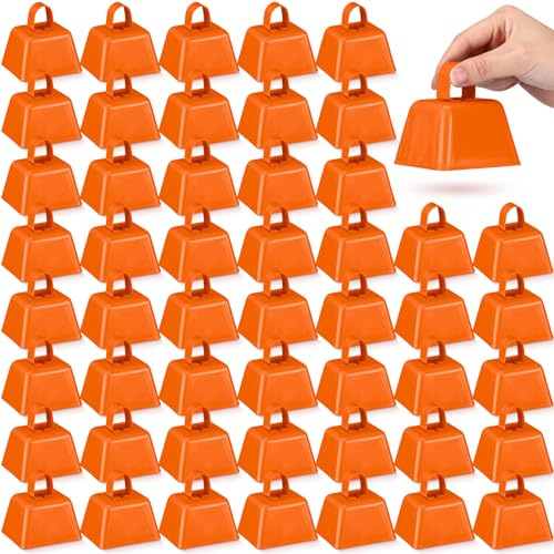 Lukmaa 50 Pcs Cowbells Bulk Small Metal Cow Bells with Handle 3 x 2.4 x 3 Inch Novelty Noise Maker for Valentines Weddings Graduation Party Sporting Events Team Cheering Gifts(Orange)