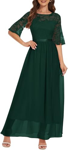 Wedtrend Rundhalsausschnitt Abendkleider Langarm Kleid Damen Festlich Elegant Kleider Chiffonkleid A Linie Spitzenkleid WT0314 DarkGreen L