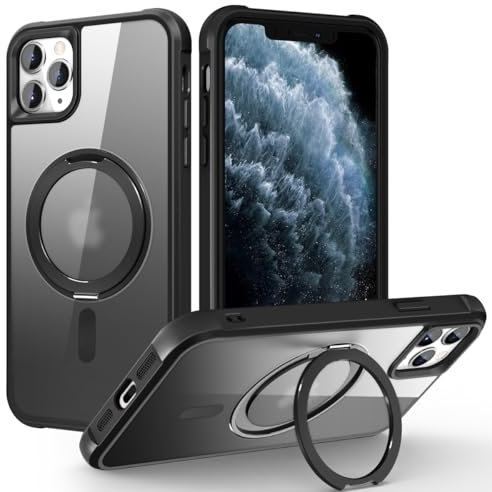Cyberowl Hülle für iPhone 11 Pro Max mit 360° Drehbarem Magnetring Ständer Kompatibel mit MagSafe Leicht und Durchscheinend Matte Rückseite Stoßfest Schutzhülle Herren Damen Schwarz