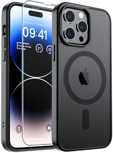 supfine Magnetic for iPhone 14 Pro Case [Compatible with MagSafe] [2Pcs Tempered Glass Screen Protector] Slim Translucent Matte Shockproof with Anti-Fingerprint Phone Case, Matte Black