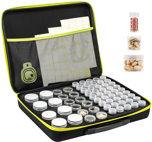 ProCase 65 Slots Seed Storage Organizer Box, Sturdy Vault Packet Containers for Garden Vegetable Plant Flower, Keeper Set with Label Stickers, Funnel, 3 Sizes of Storage Bottles 1 oz 3 oz 5 oz