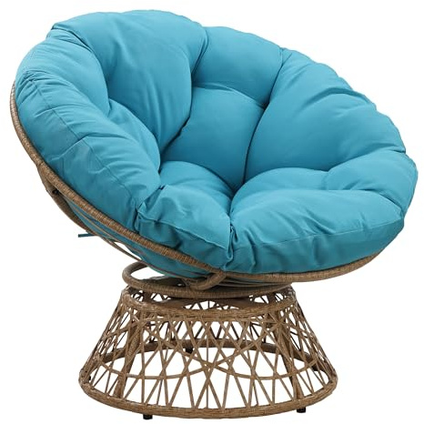 OSP Home Furnishings Wicker Papasan Chair with 360-Degree Swivel, Natural Frame with Blue Cushion