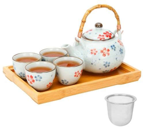 Japanisches Teeservice Porzellan Tee-Set mit Teekanne und Teetasse Set für 4, Blau-Weiß-Teesets für Erwachsene mit Edelstahl-Teesieb und Bambus-Tablett, Asiatisches Teeset für