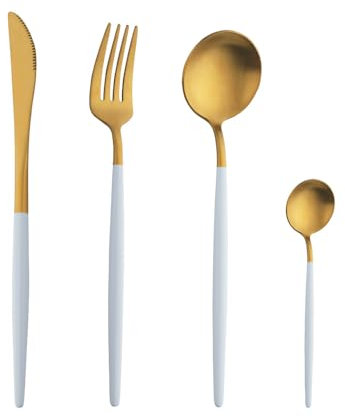 BISDARUN Stainless Steel Coloured Handles Cutlery with Matt Polish Unusual Flatware Set Funky Kitchen Forks Knives and Spoons Service for (White Gold 4-Piece Cutlery Set, 1 Person(1 Set))