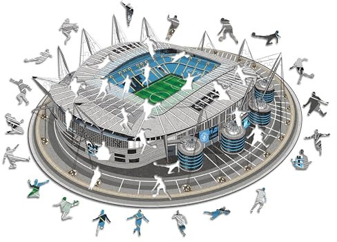 Iconic Puzzles, Manchester City FC Etihad Stadium, 100% eco-sustainable wooden puzzle with official license, size S, 150 pieces, jigsaw for children and adults