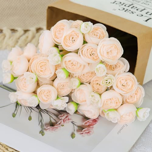 SOMYTING Künstliche Blumen Rosen Weiß Rose Kunstblumen 18pcs Blumenstrauß Künstlich Seidenblumen Strauß Brautstrauß Hochzeitsstrauß Blumenarrangement für Haus Garten Vase Hochzeit (Champagnerfarbe)