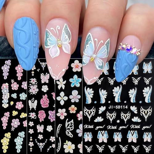 JMEOWIO 3D Embossed Flower Butterfly Nail Art Stickers Decals Self-Adhesive 5D Spring Summer Blue Floral Line Nail Supplies Nail Art Design Decoration Accessories 4 Sheets