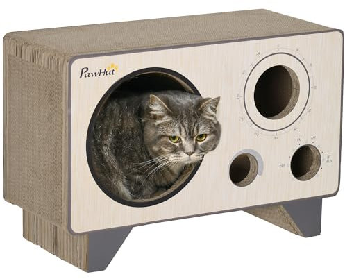 PawHut Griffoir pour Chat en Forme de Radio avec Herbe, Maison 2 en 1 en Carton ondulé, 57 x 24,5 x 39 cm