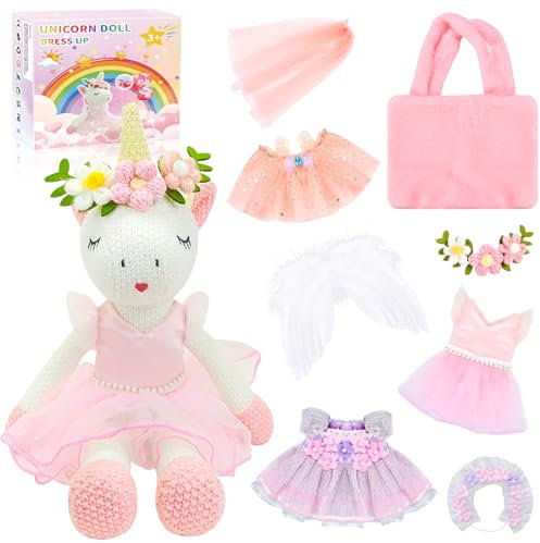 Aragallant Peluche Unicorno Bambina, Unicorno Giocattolo con Dress Up Doll, Unicorno Regalo con Cambio di Vestiti, Accessori Borsa, Natale Regalo per Bambina Ragazza 3+ Anni