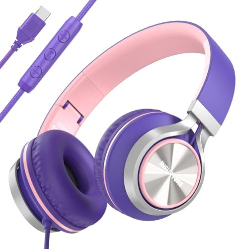 INFURTURE Headphones Wired USB C(Type C) with Mic & Volume Control, Tangle-Free Plaiting Line, Over/On-Ear Headphones, Lightweight Foldable for Smartphone, Tablet,iPhone 16/15 Series