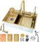 DSMRLEOP Fregadero de cocina en cascada dorado, 75x45cm lavabo individual de acero inoxidable nano con grifo extensible dorado, juego completo de accesorios, estación de trabajo multifuncional