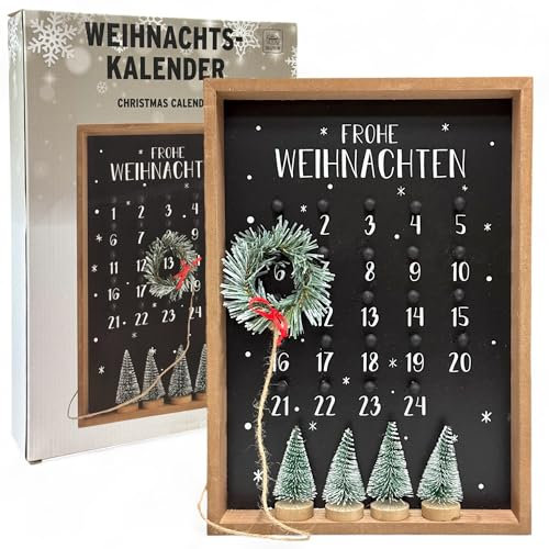 MIJOMA Adventskalender – Weihnachts-Countdown Kalender mit Kranz, Holzrahmen, dekorativ, wiederverwendbar, 25x35x4 cm – Perfekte Weihnachtsdeko für festliche Stimmung