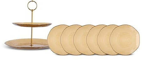 KARACA Dessert Plates and Cake Stand Set of 7 - Elegant & Stylish Large Side Plates for Afternoon Tea Party - Glass, Round & Dune Amber Colour - Ideal for Serving Appetizer or Salad to 6 People