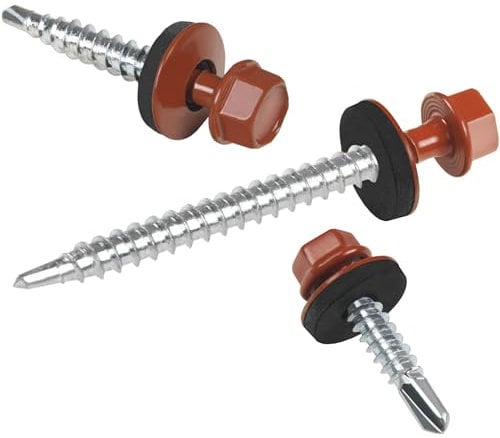 Viti per lamiere trapezoidali PAROTEC, autoforanti e autofilettanti con rondella di tenuta EPDM, testa esagonale, 4,8 mm x 25 mm, RAL 8004 Rosso mattone, 250 pezzi