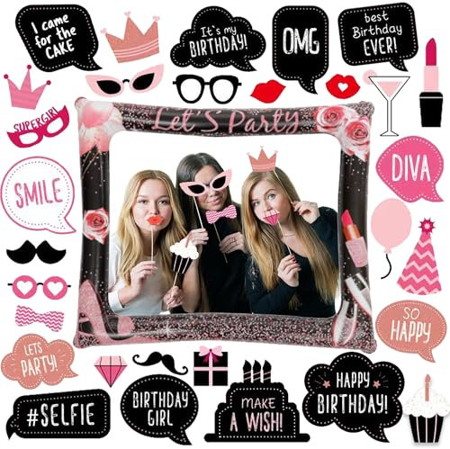Rose Gold Inflatable Photo Frame - Birthday Party Photobooth Supplies for Any Age large Photos Frame Mustache Bow Lips Lipsticks Eyeglasses for Girls Boys Ladies Birthday Selfie Booth Props