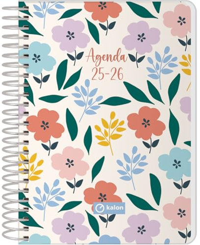 Q Kalon - Schulagenda 2025 2026 - Tagesansicht, Größe A6 (12x17 cm), Spanisch und Englisch, September bis Juni, Spiralbindung, Flexible Umschlag mit Schutzfolie - Garden