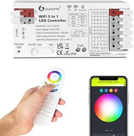 GLEDOPTO 5 in 1 WiFi LED Controller 20 A RGBCCT RGBW RGB Dimmer Kompatibel mit Smart Life Alexa Smart App Control Sprachsteuerung (201W)