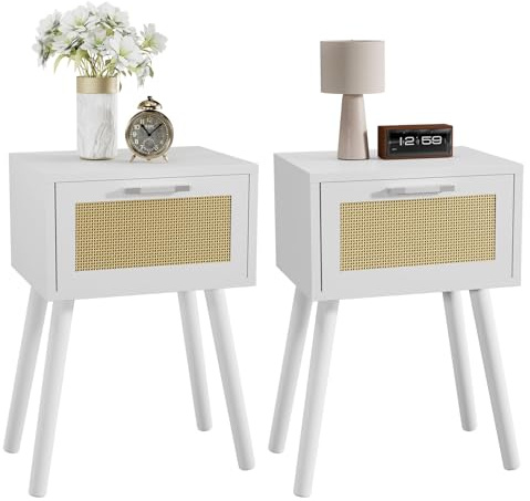 YMYNY Rattan Nachttisch 2er Set, Beistelltisch, Boho-Nachtschrank mit Magnetschublade, Massivholz Beinen, 35x27x53 cm, Sofatisch, Couchtisch für Wohnzimmer, Büro, Schlafzimmer, Weiß HST010W-2