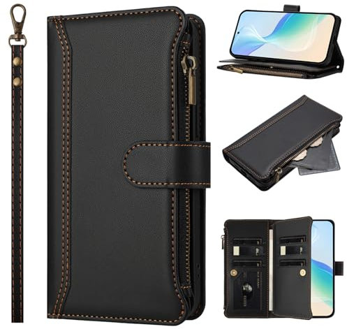 Wuhaizher for iPhone 16 Case Wallet Zip Purse Pocket Shockproof Leather Flip Cover with Stand Magnetic Closure 9 Card Holder Slots Zipper Phone Case for iPhone 16, Black
