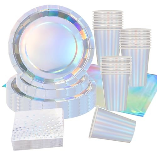 97pcs Shiny Rainbow Laser Party Tableware,Holographic Laser Paper Plates Cups Napkins and Tablecloth Kit,Bling Paper Dinnerware for Kids/Aldult Birthday Party Supplies Table Decorations