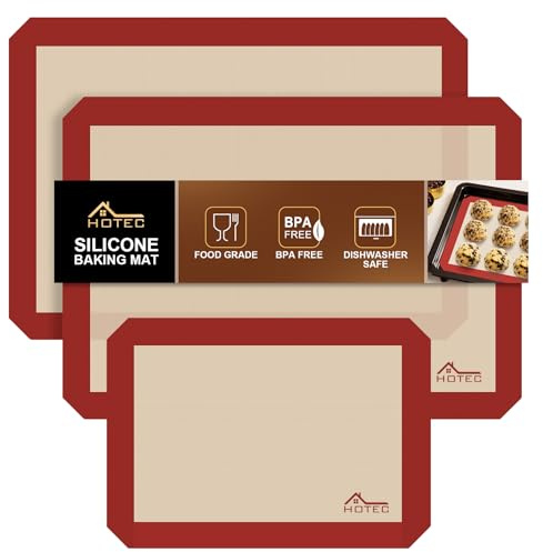HOTEC Silicone Baking Mats 3 Pack – Non-Stick Reusable Silicone Baking Sheets for Oven – Cookie & Macaron Mats – 2 Half Sheet + 1 Quarter Sheet – BPA-Free, Dishwasher Safe