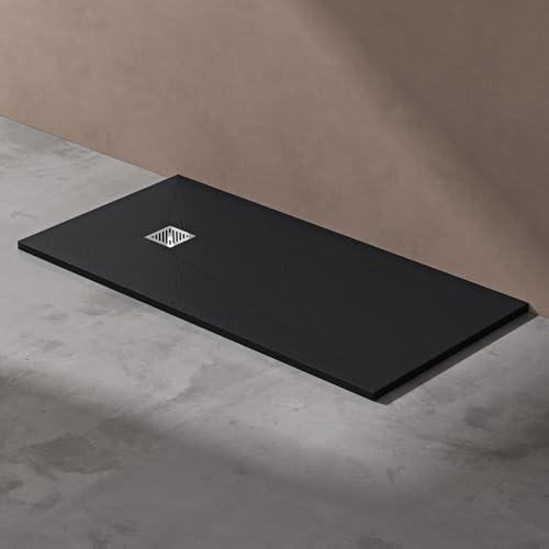 doporro Receveur de Douche Ultra Plat 3 cm Bac à Douche Rectangulaire en Solid Surface Gris Noir Mat Design Geoma09 90x160x3 cm avec Bonde AL06