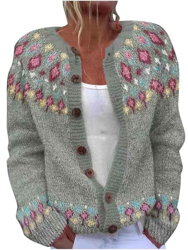 TURWXGSO Cardigans for Women UK Retro Ethnic Print Jumper Warm Casual Ladies Knitted Crew Neck Front Button Up Aran Cardigan Long Sleeve Lightweight Sweater Jackets Knitwear