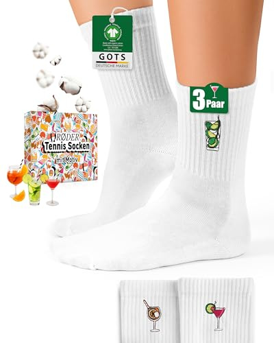 RØDER Motiv-Tennissocken 3er-Pack bestickt – lustige Motivsocken Bier, Drinks & Sprizz – Bio-Baumwolle, OEKO-TEX – Retro Crew – Unisex 35–38 | 39–42 | 43–46 – Geschenk (Drinks, 39-42)