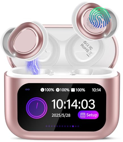 Auriculares Inalambricos, HiFi Estéreo Cascos Inalambricos Bluetooth 5.4 con Cancelación de Ruido Mic, Mini Auriculares para Dormir con Pantalla Táctil, Impermeable IP7 Auriculares Dormir, Oro Rosa